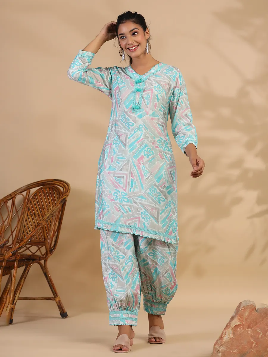 Sea green cotton printed casual co ord set