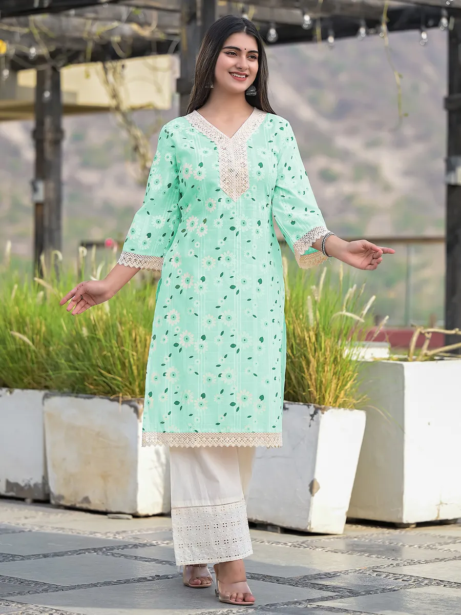 Sea green cotton printed kurti with palazzo