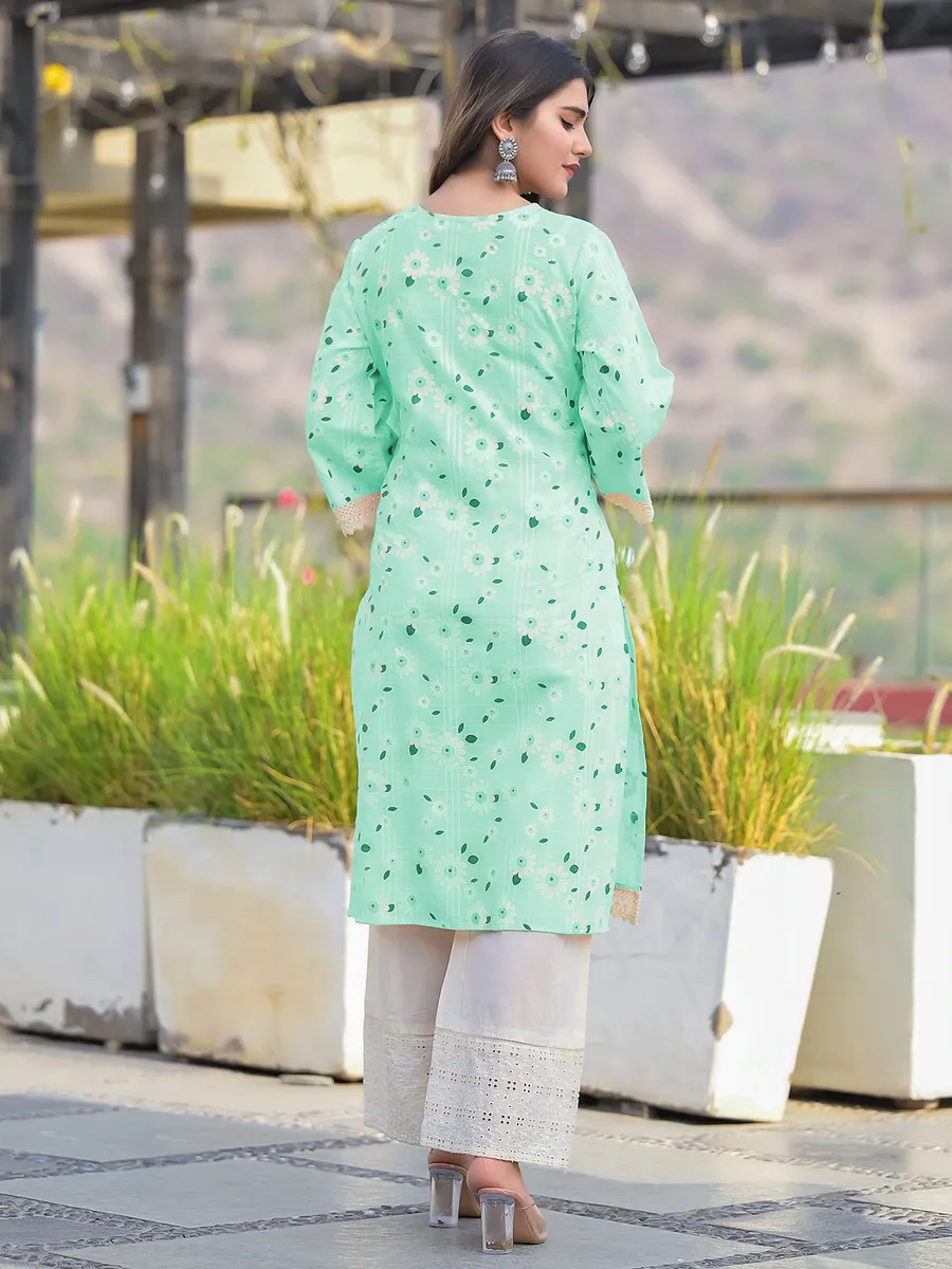 Sea green cotton printed kurti with palazzo