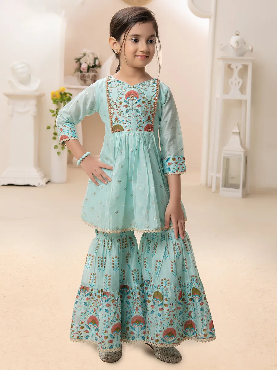 Sea blue cotton silk sharara suit for festive