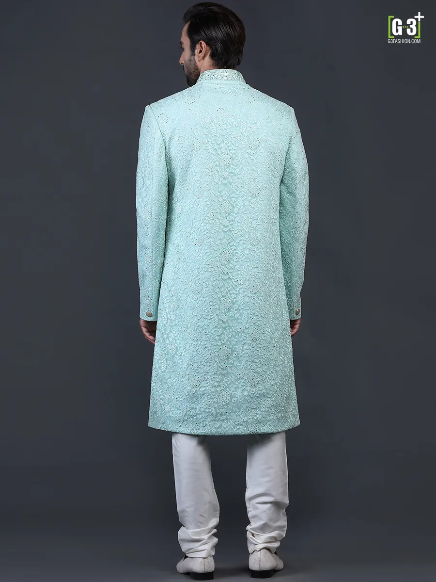 Sea green net fabric sherwani for wedding occasions