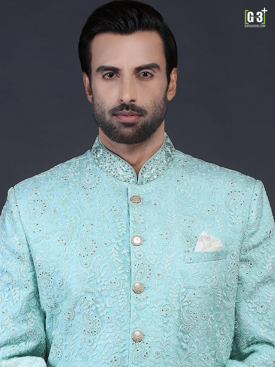 Sea green net fabric sherwani for wedding occasions