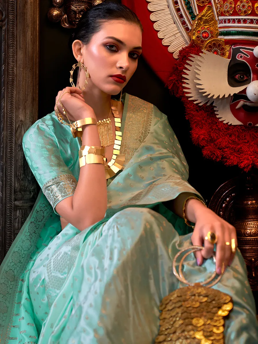 Sea green satin zari weaving saree