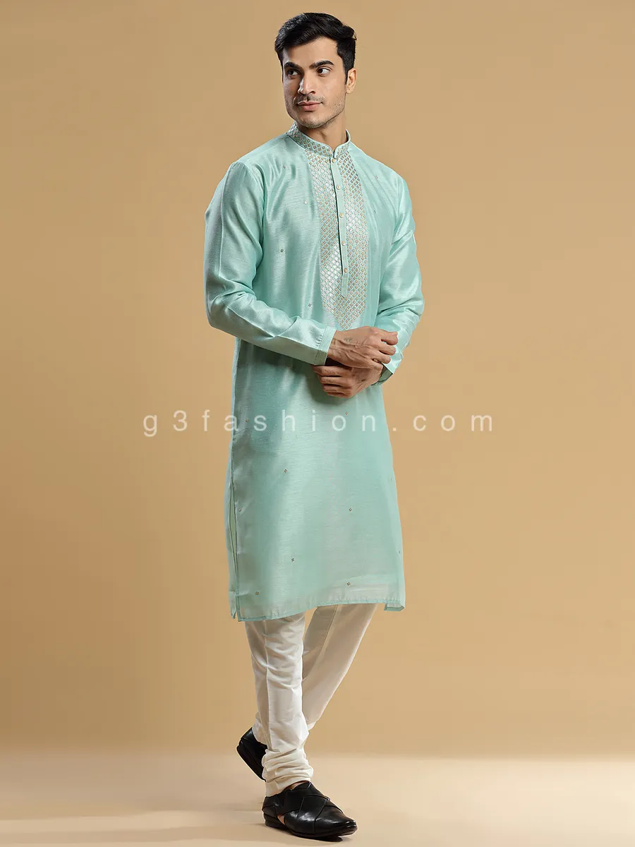 Sea green silk kurta suit for festive look