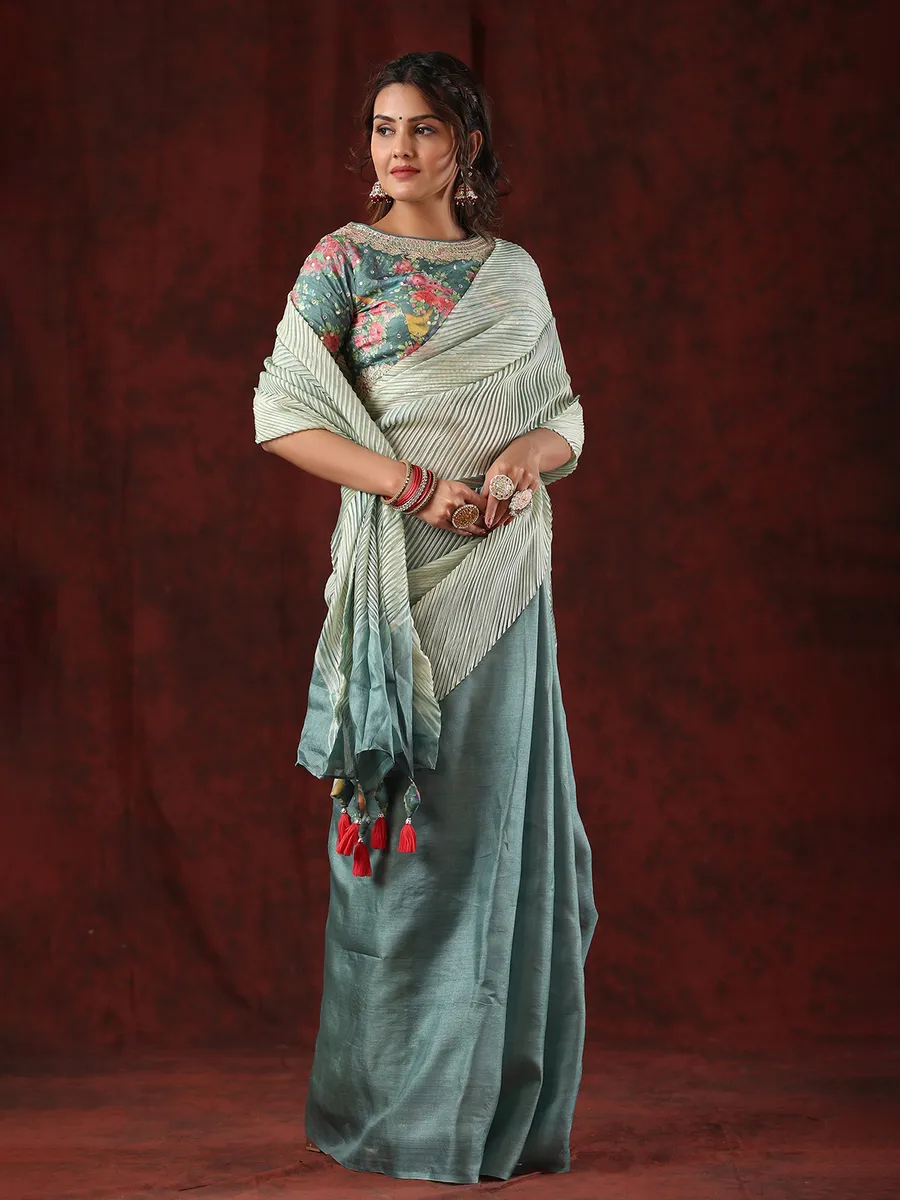 sea green tussar silk half n half saree