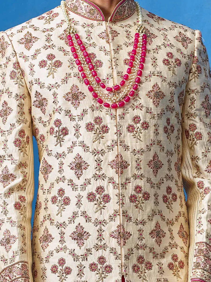 Sherwani in beige raw silk