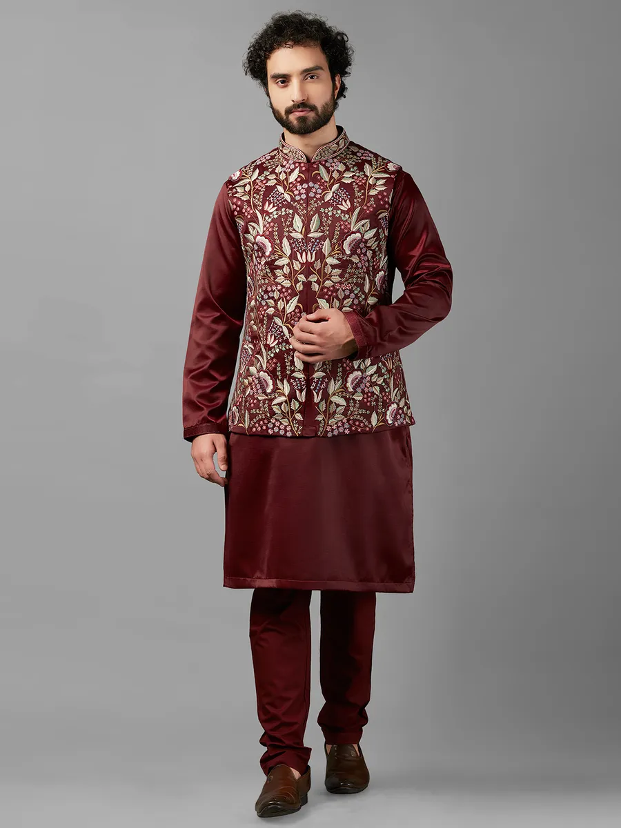 Shiny maroon silk waistcoat set