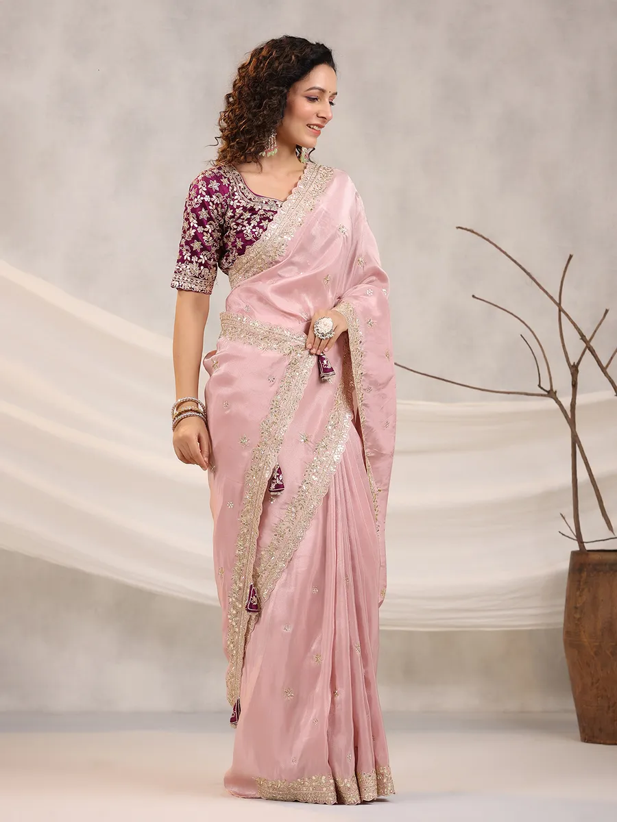 Shiny silk pink saree