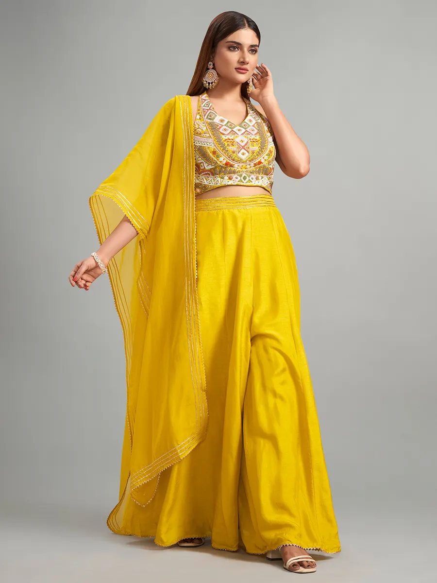 Shiny yellow silk palazzo suit