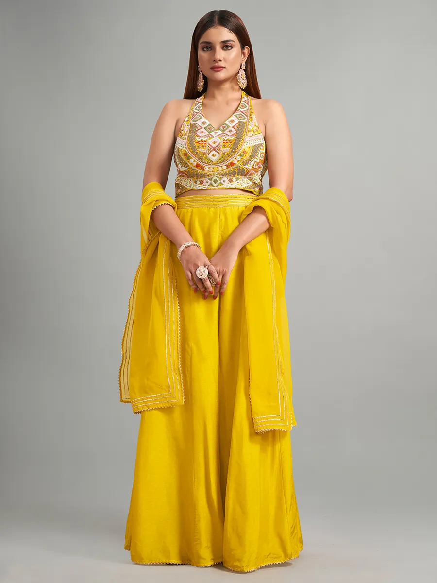 Shiny yellow silk palazzo suit