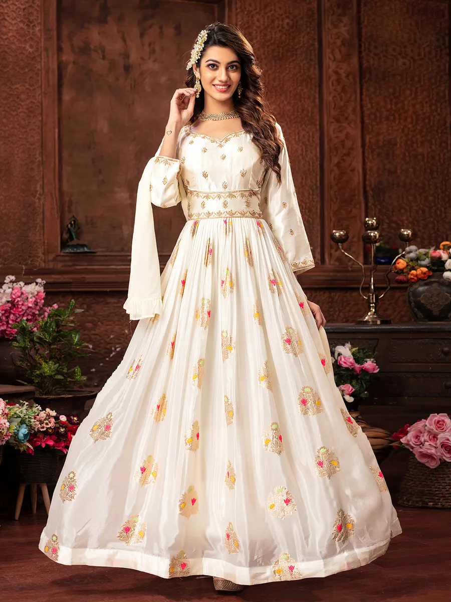 Silk anarkali floor length suit in off white