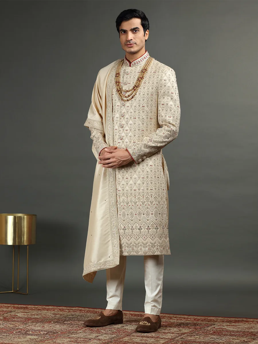 Silk beige groom wear sherwani