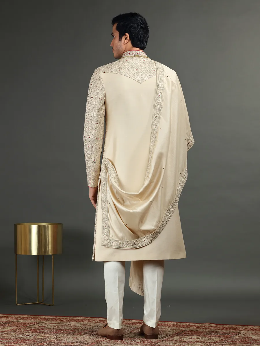 Silk beige groom wear sherwani