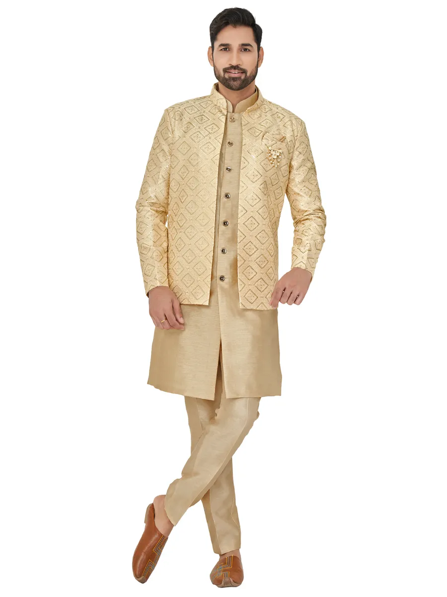 Silk beige indowestern for wedding wear