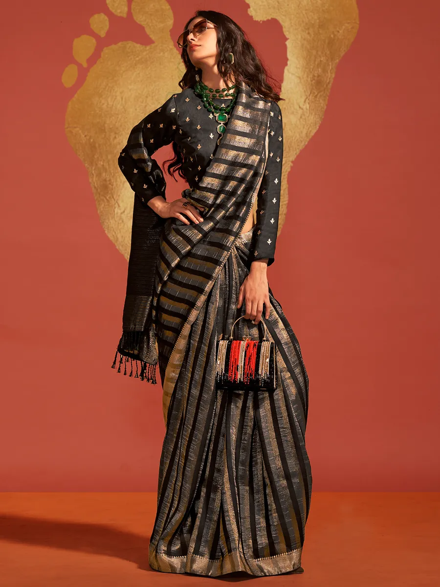 Silk black zari weaving saree