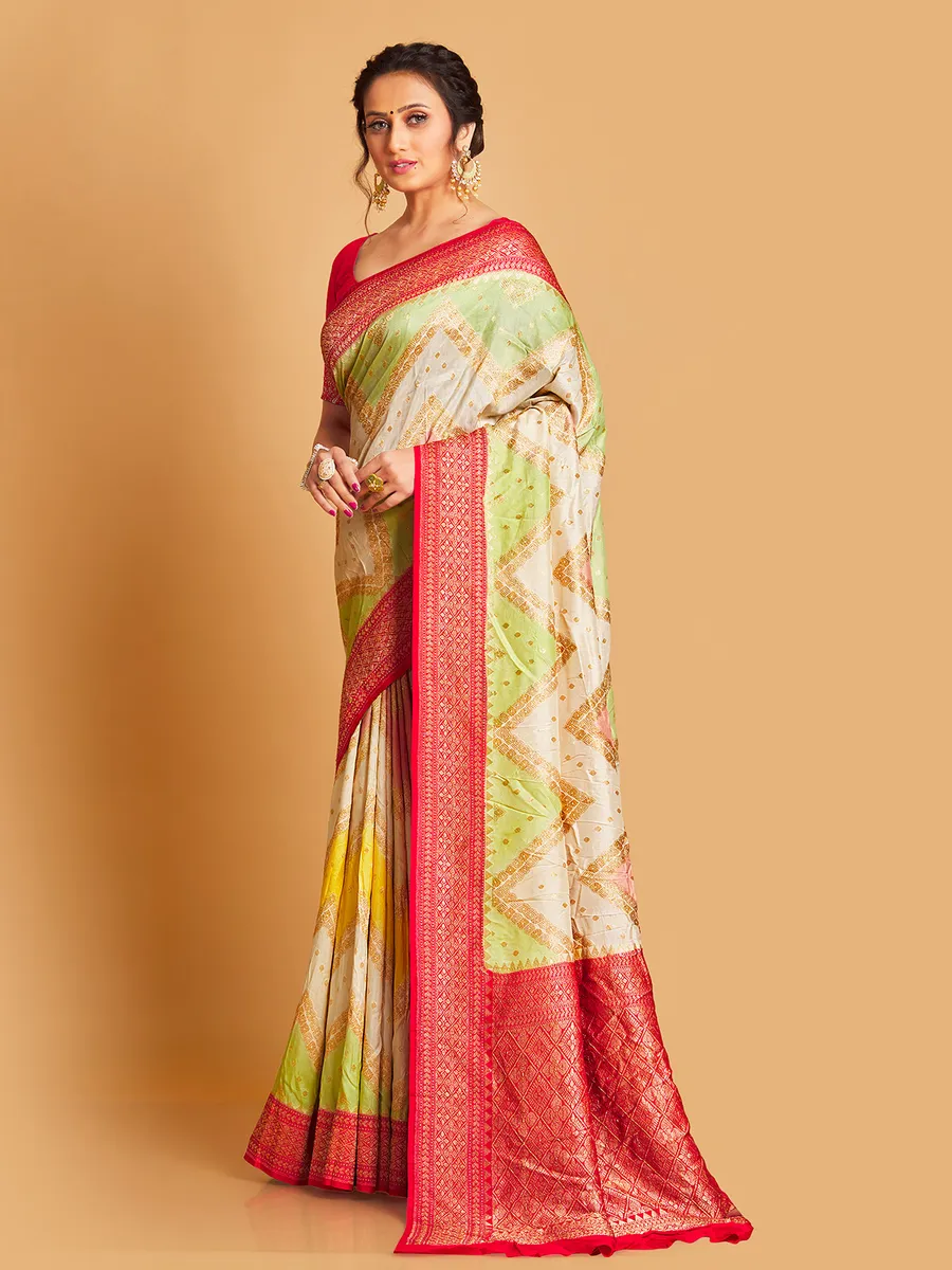 Silk cream and green saree for wedding