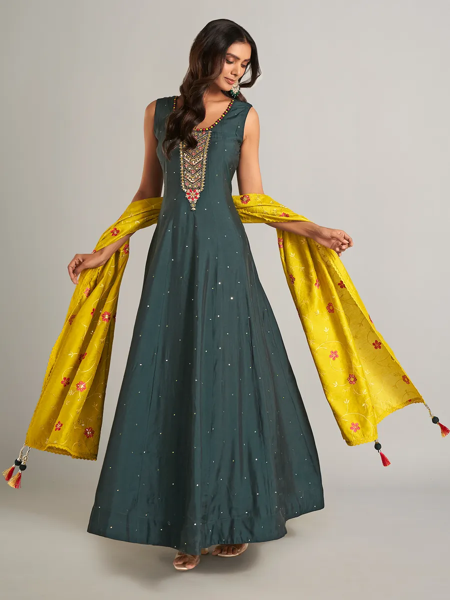 Silk dark grey anarkali salwar suit
