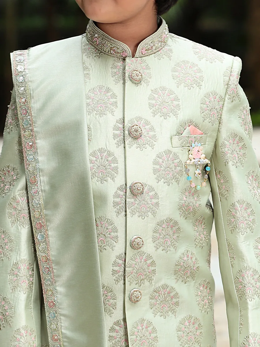 Silk fabric indowestern for wedding in pista green