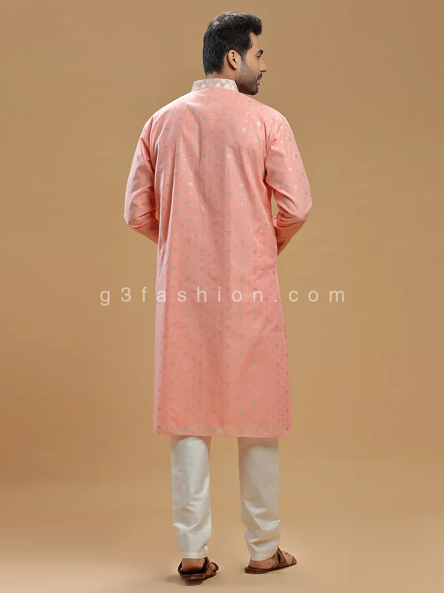 Silk festive kurta suit in peach for men