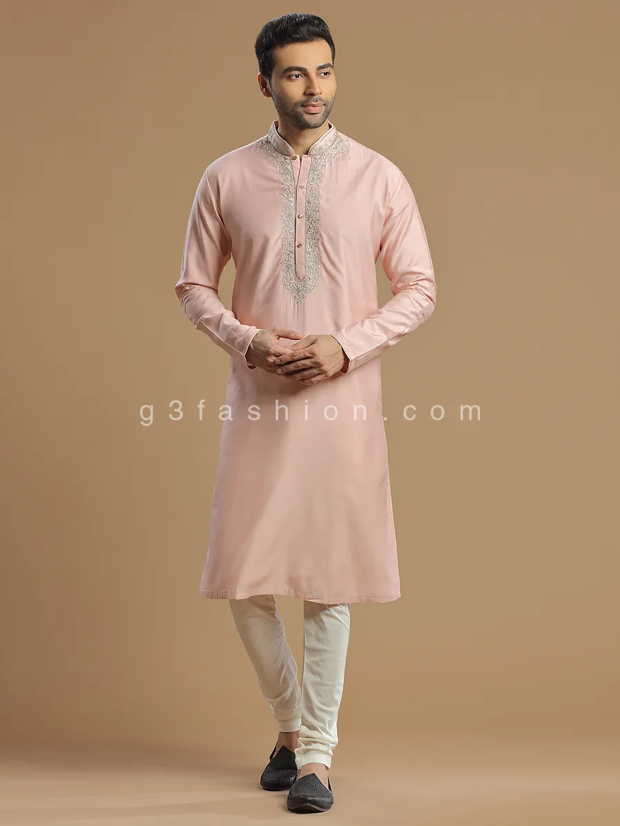 Silk festive kurta suit in powder pink color