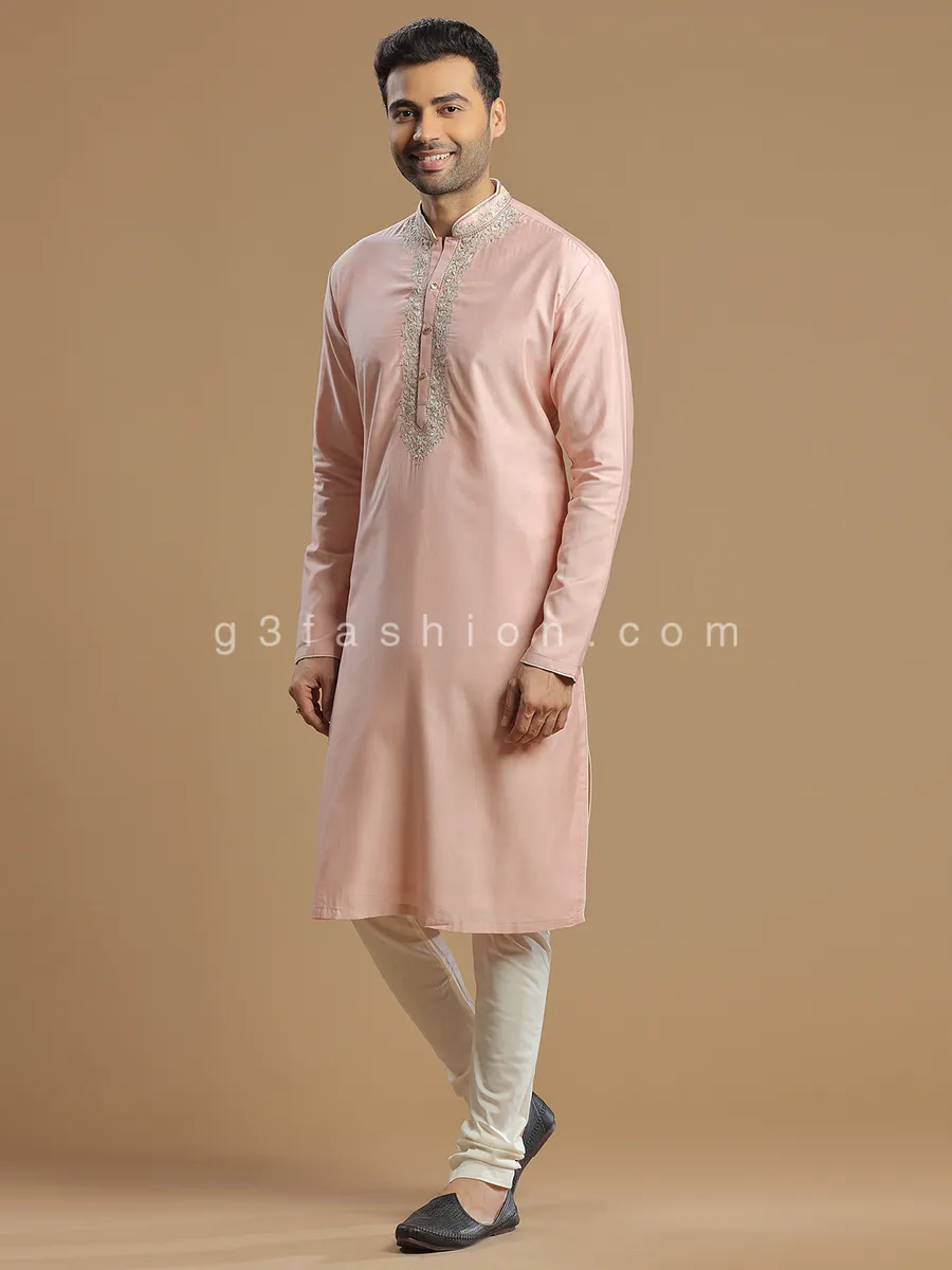 Silk festive kurta suit in powder pink color