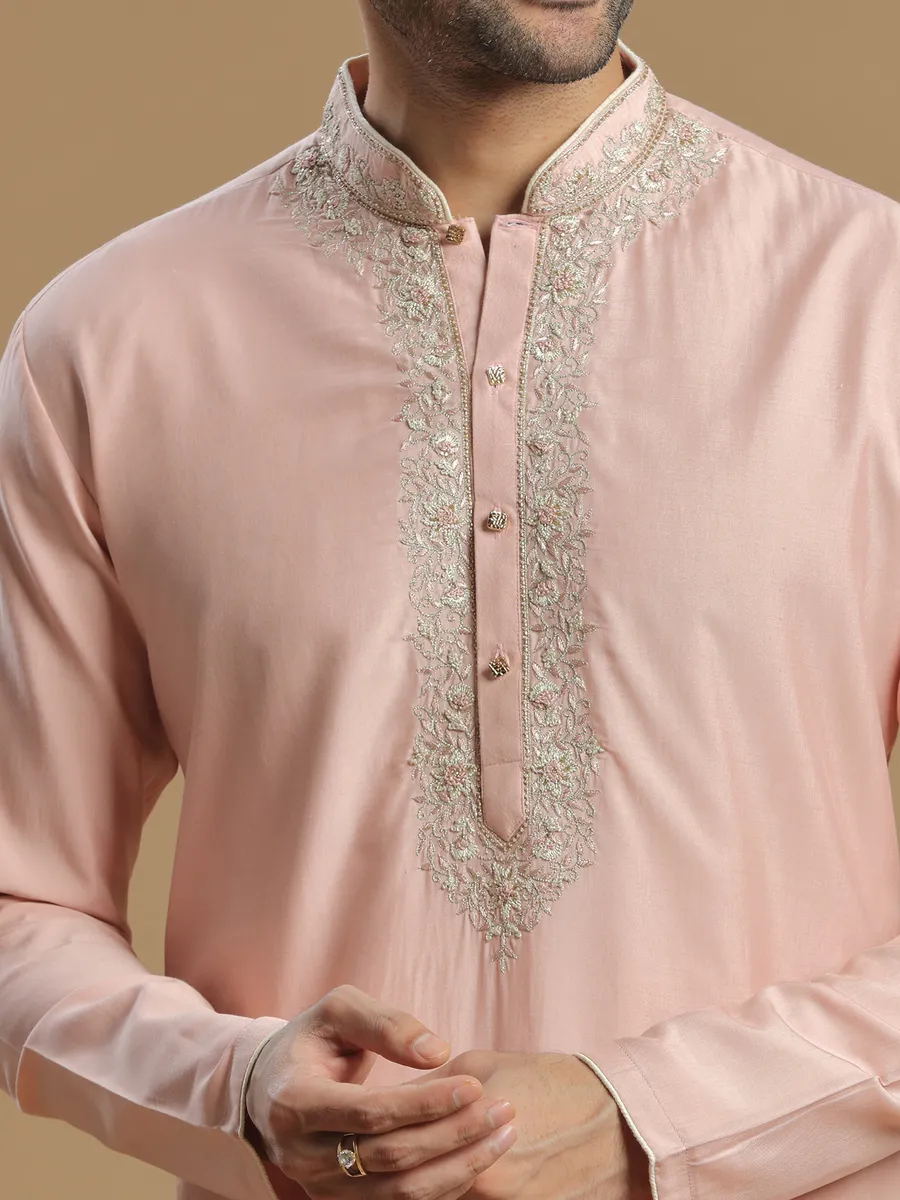 Silk festive kurta suit in powder pink color