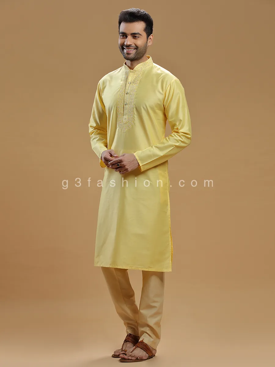 Silk festive wear light yellow kurta suit