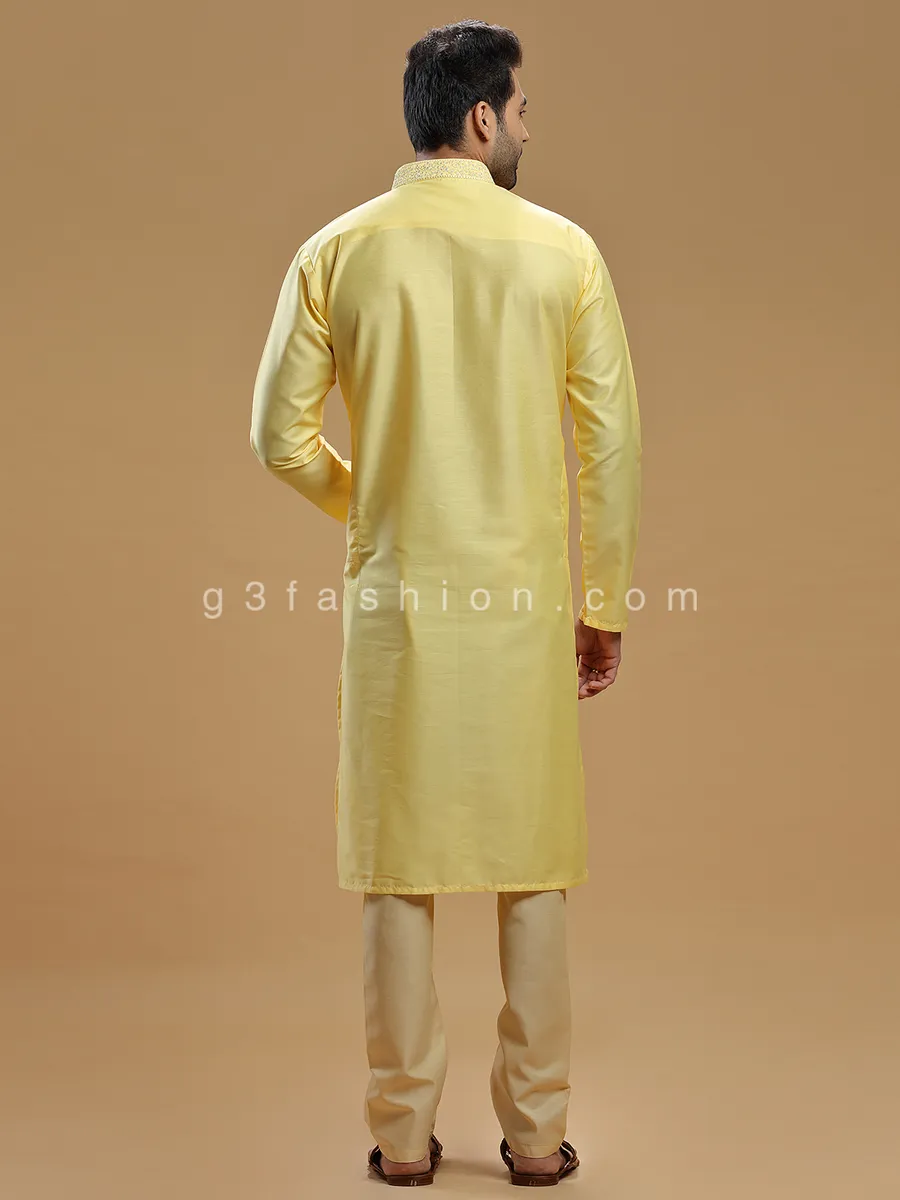 Silk festive wear light yellow kurta suit