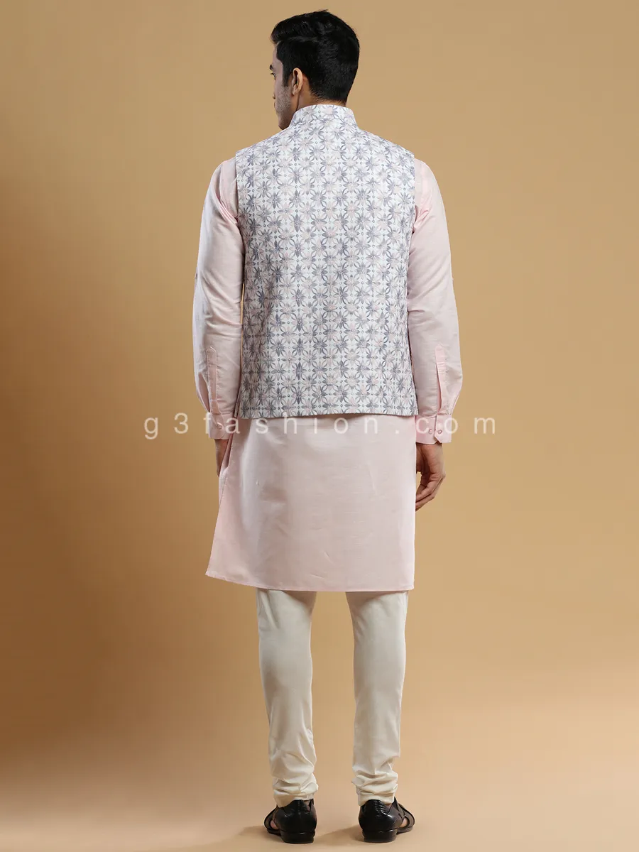 Silk festive wear waistcoat set in peach and cream