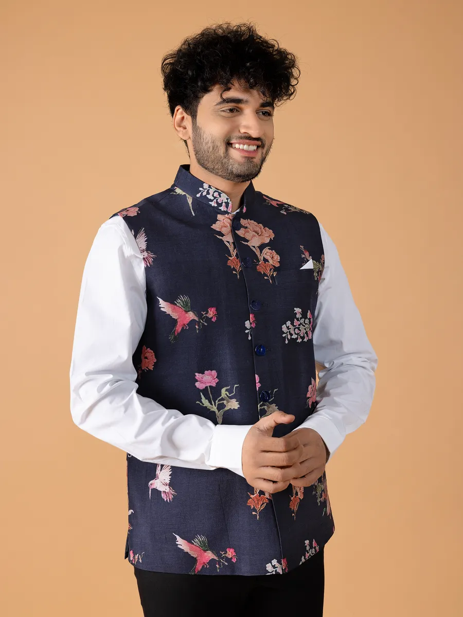 Silk floral printed navy waistcoat