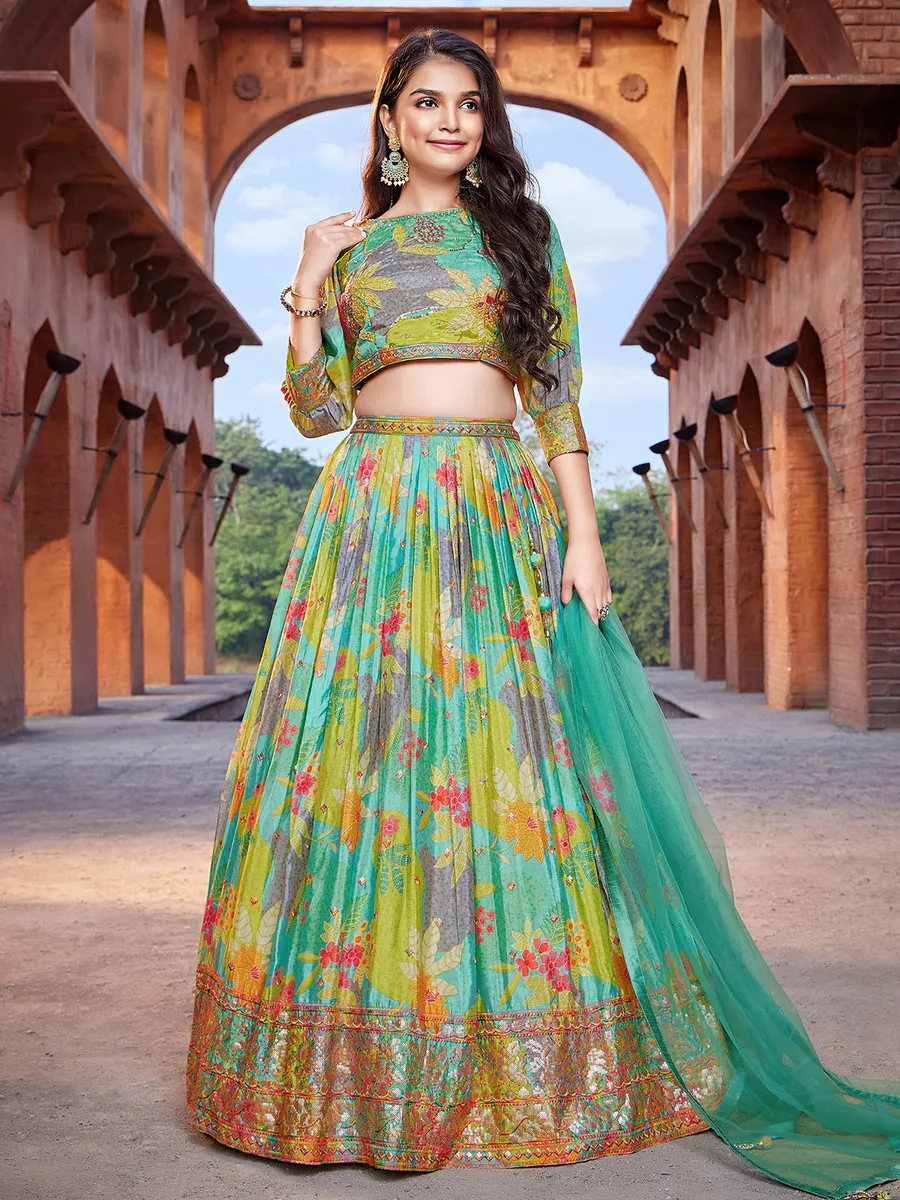 Silk green printed lehenga choli