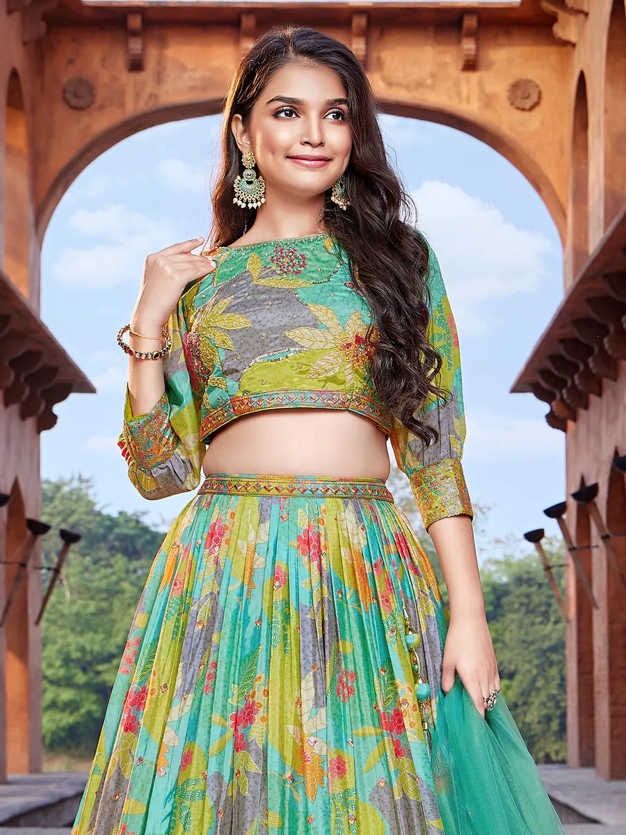 Silk green printed lehenga choli