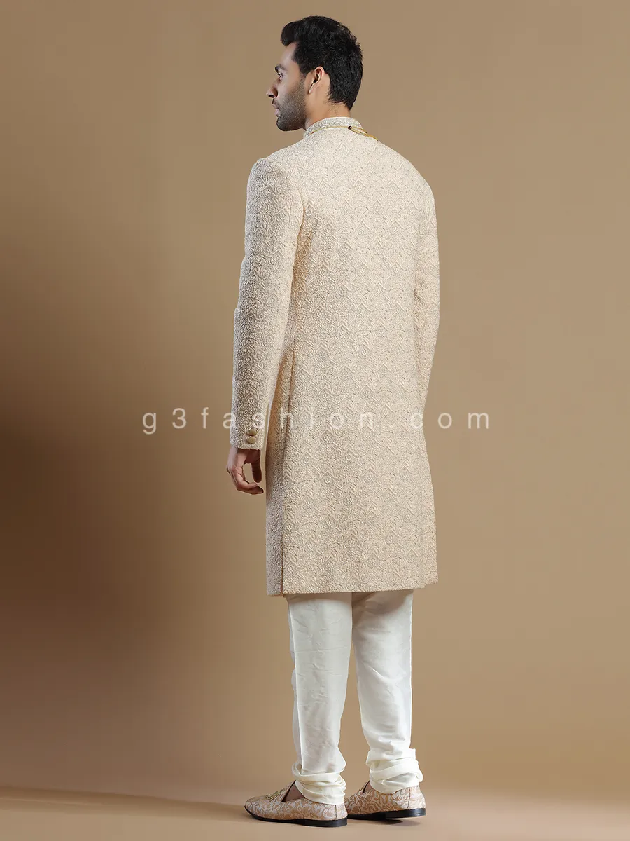 Silk groom and wedding wear sherwani in peach