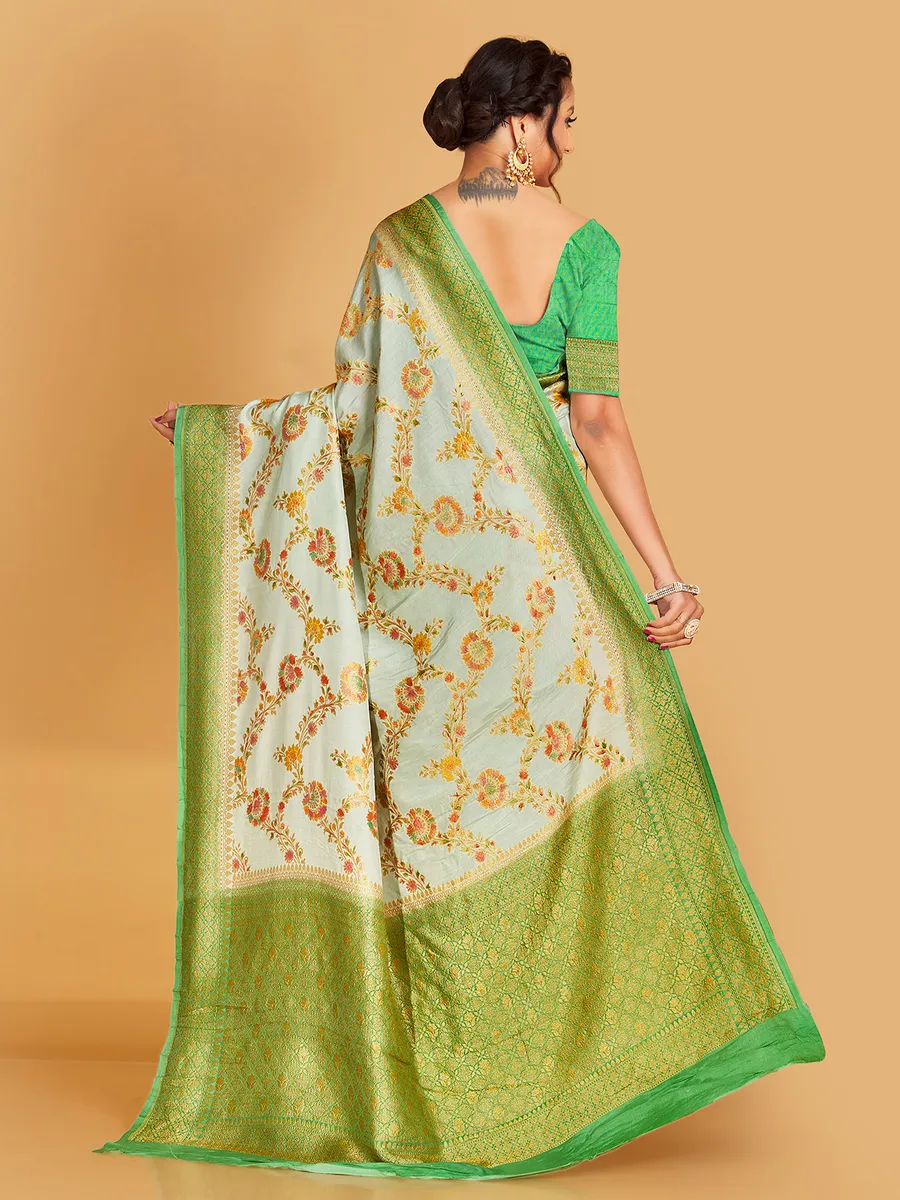 Silk sage green zari weaving saree