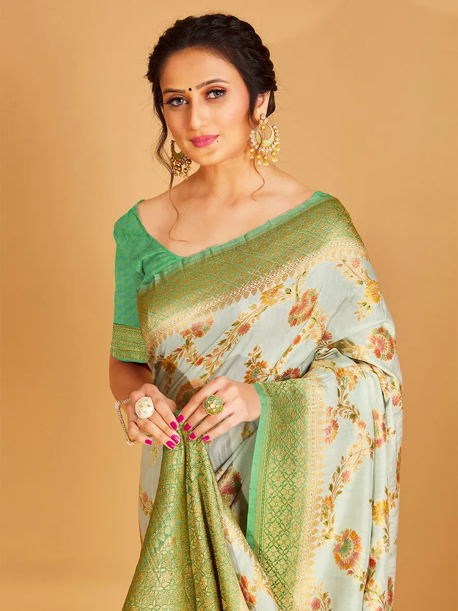 Silk sage green zari weaving saree