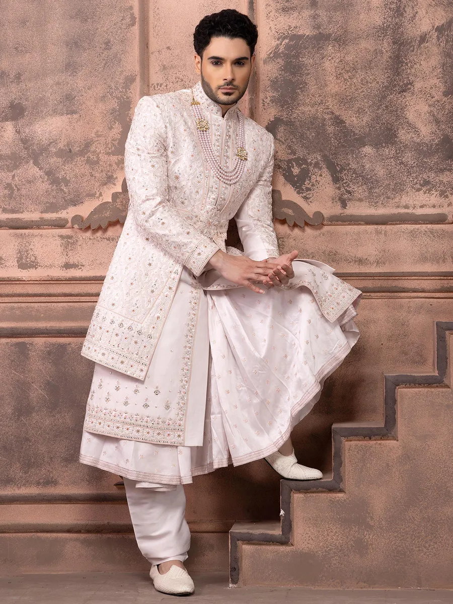 Silk light pink sherwani with embroidery