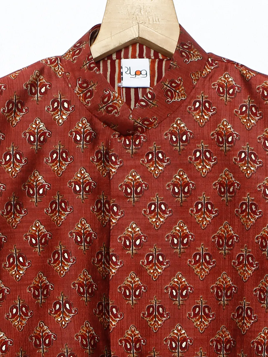 Silk maroon printed waistcoat set