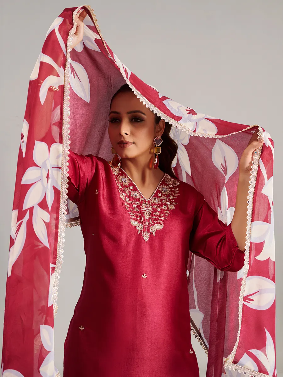 Silk maroon salwar suit with printed dupatta