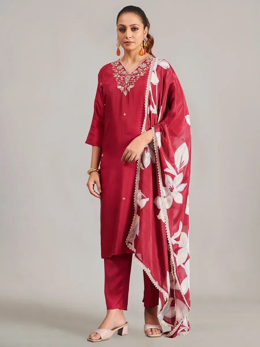 Silk maroon salwar suit with printed dupatta