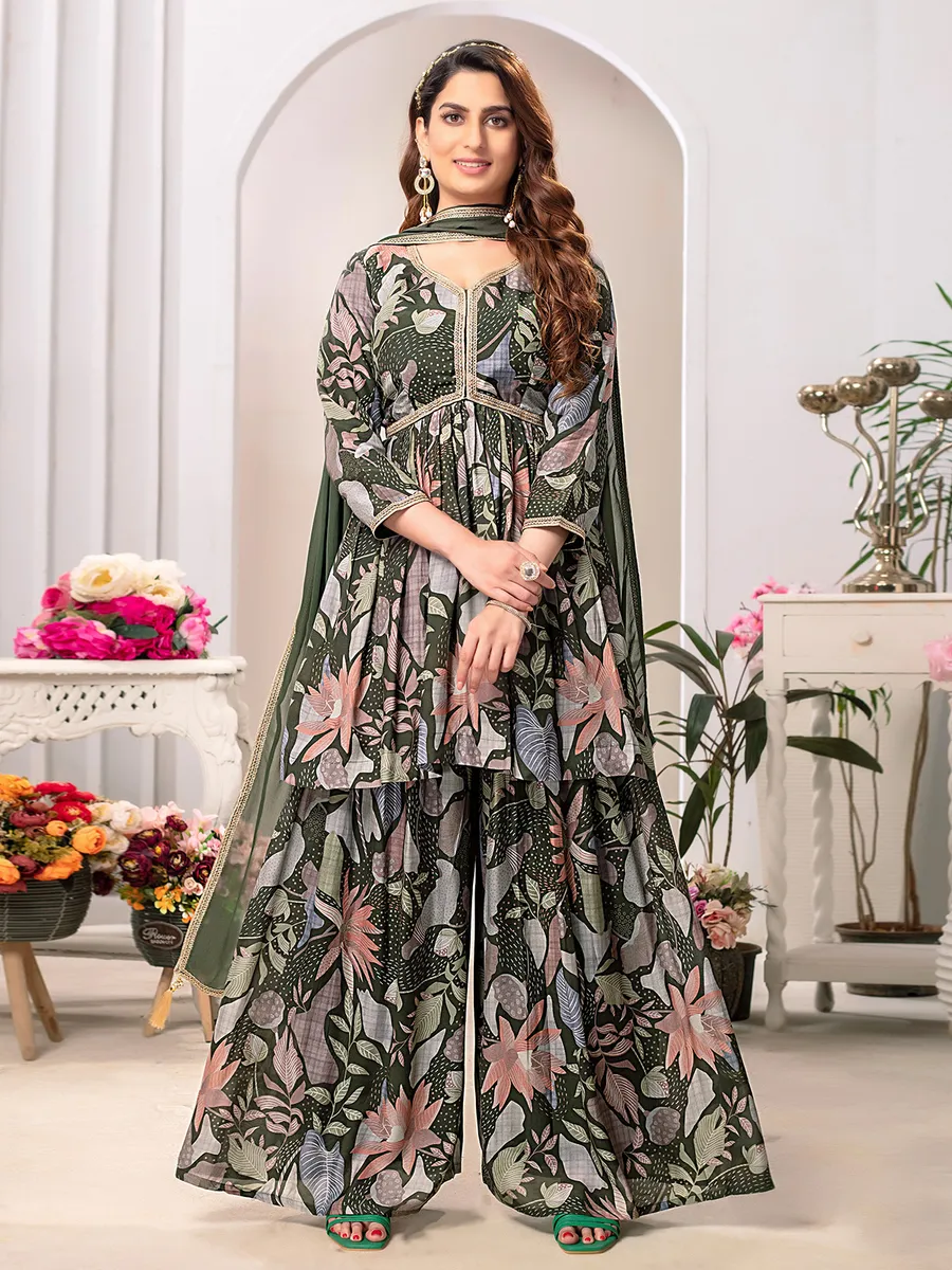 Silk mehendi green printed palazzo suit