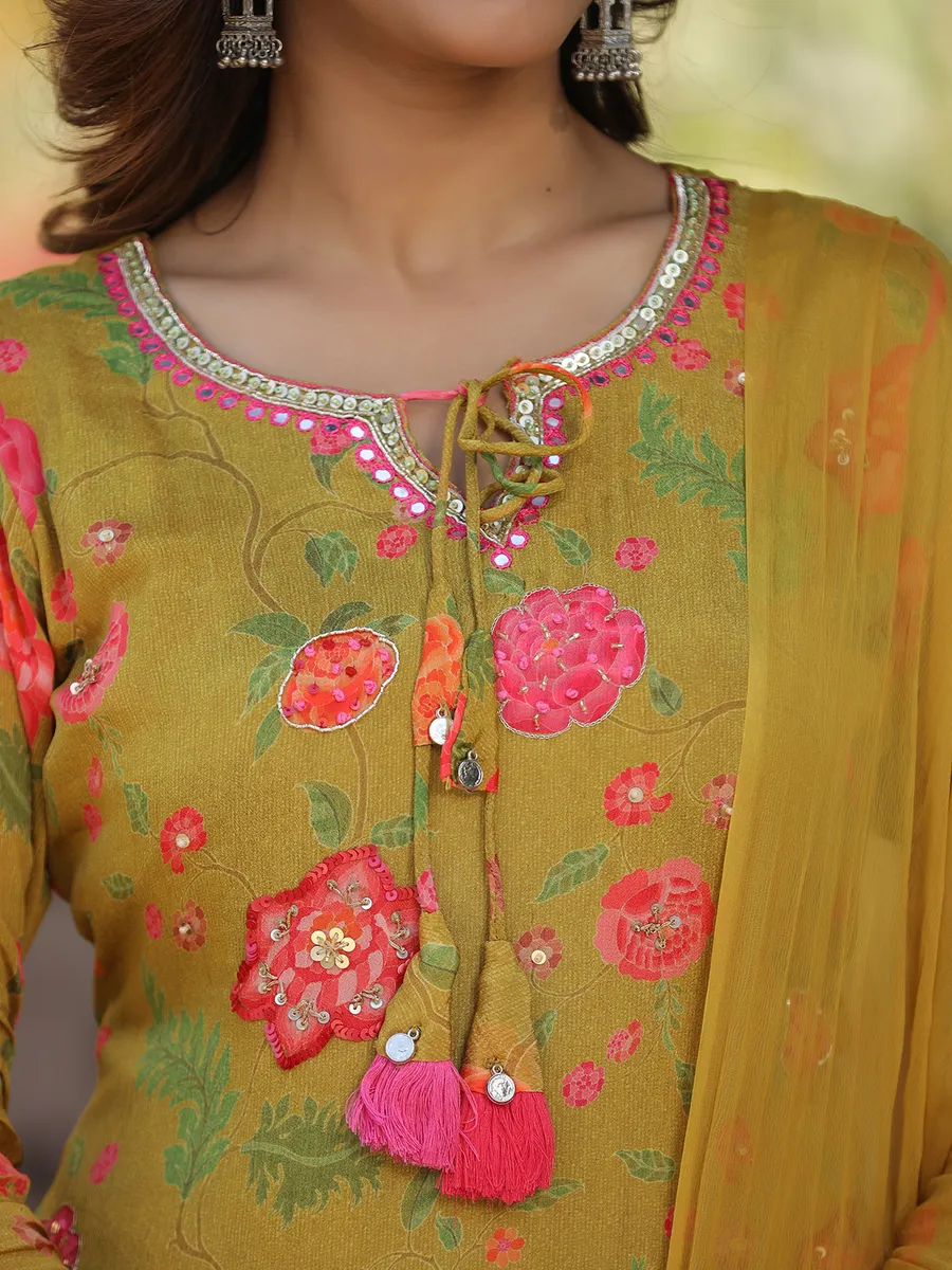 Silk mustard yellow floral printed sharara suit