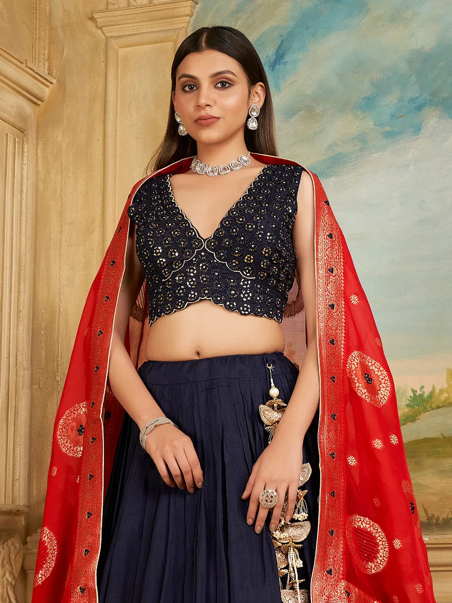 Silk navy lehenga choli with contrast dupatta