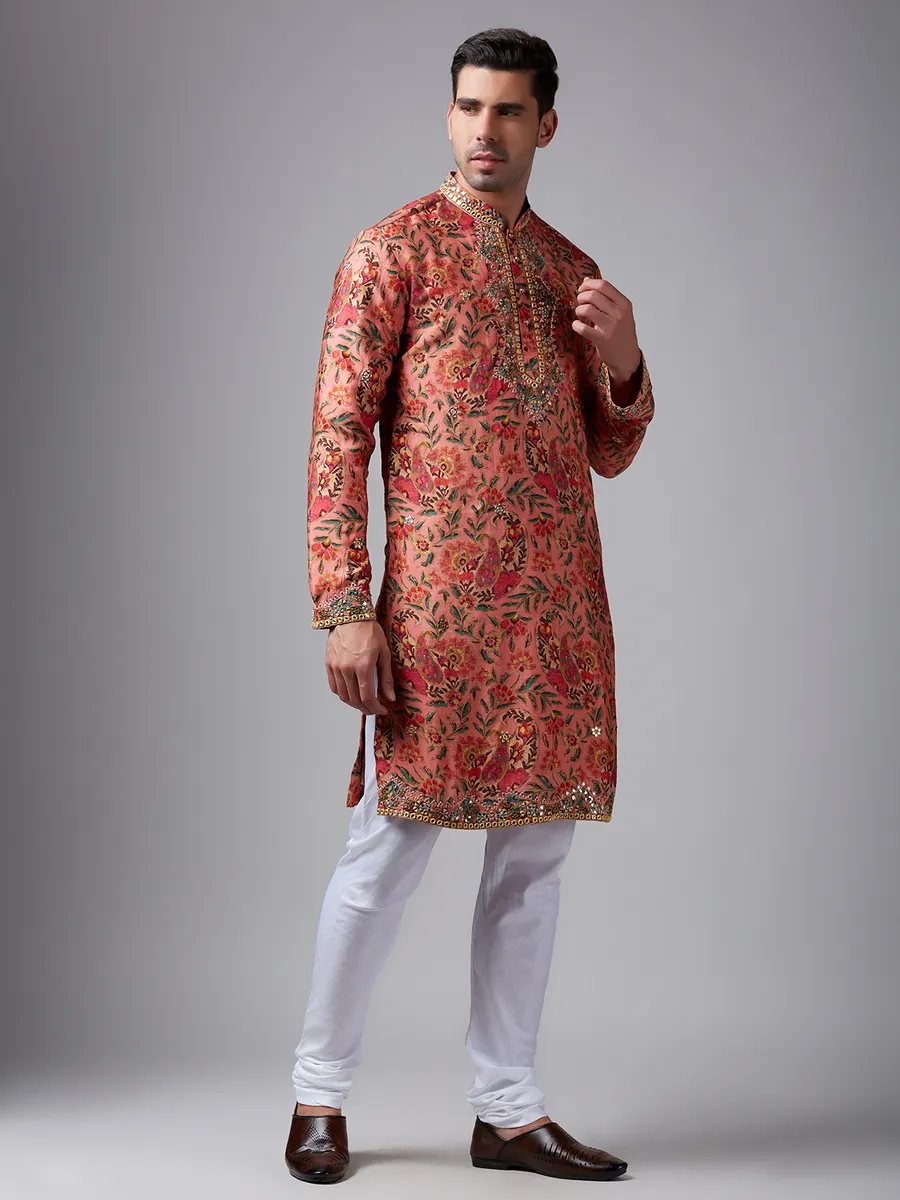 Silk orange floral printed  Men Kurta pajama