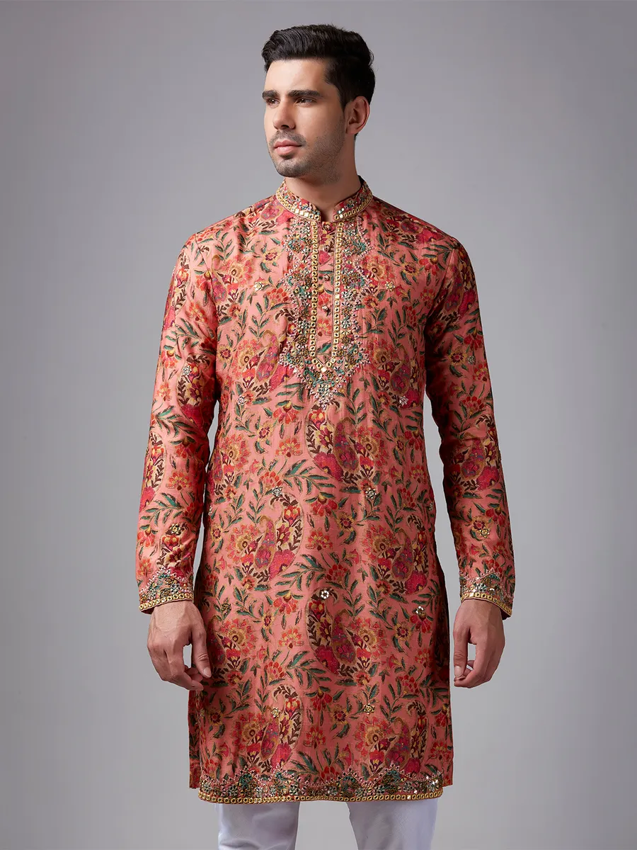 Silk orange floral printed  Men Kurta pajama