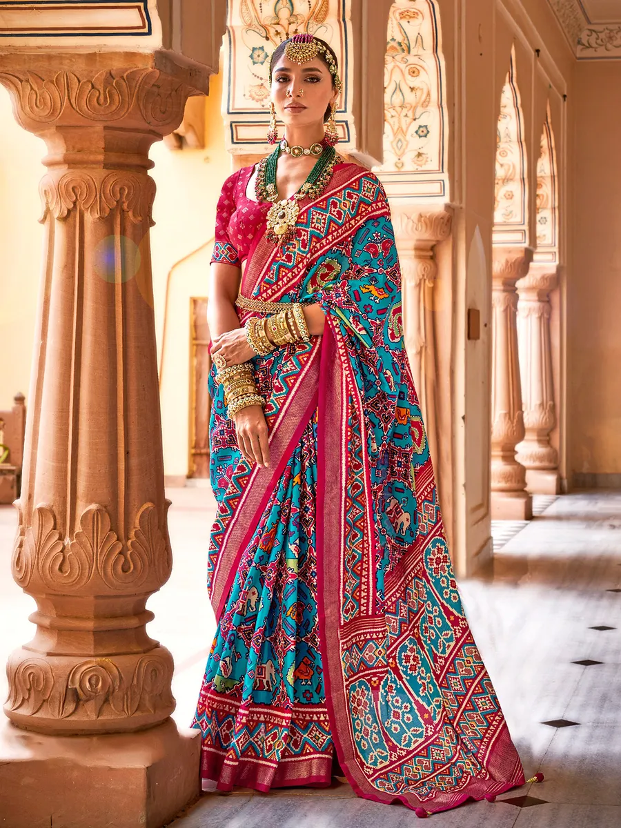 Silk patola printed saree in aqua