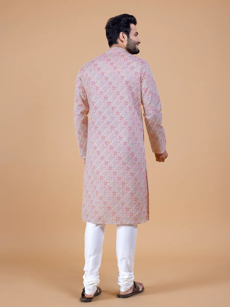 Silk peach thread work kurta suit