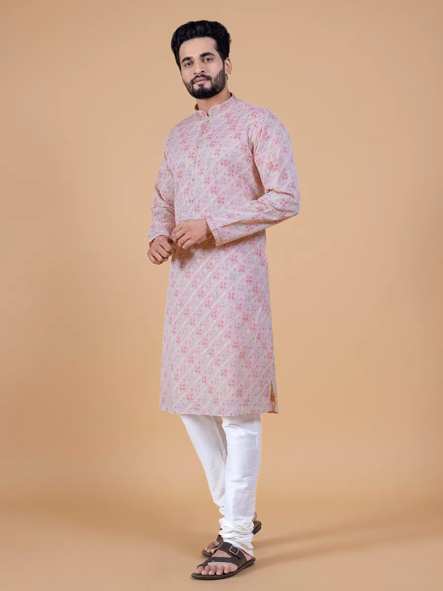 Silk peach thread work kurta suit