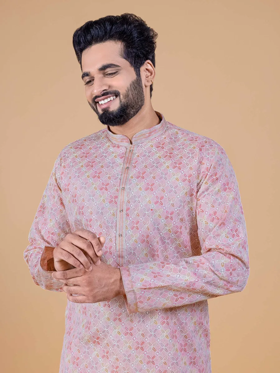 Silk peach thread work kurta suit