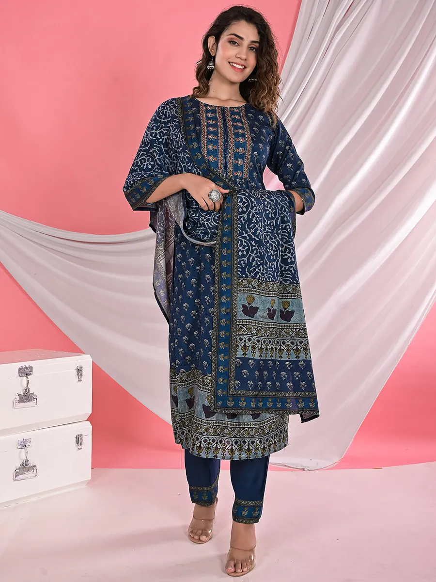 Silk printed casual kurti set in navy