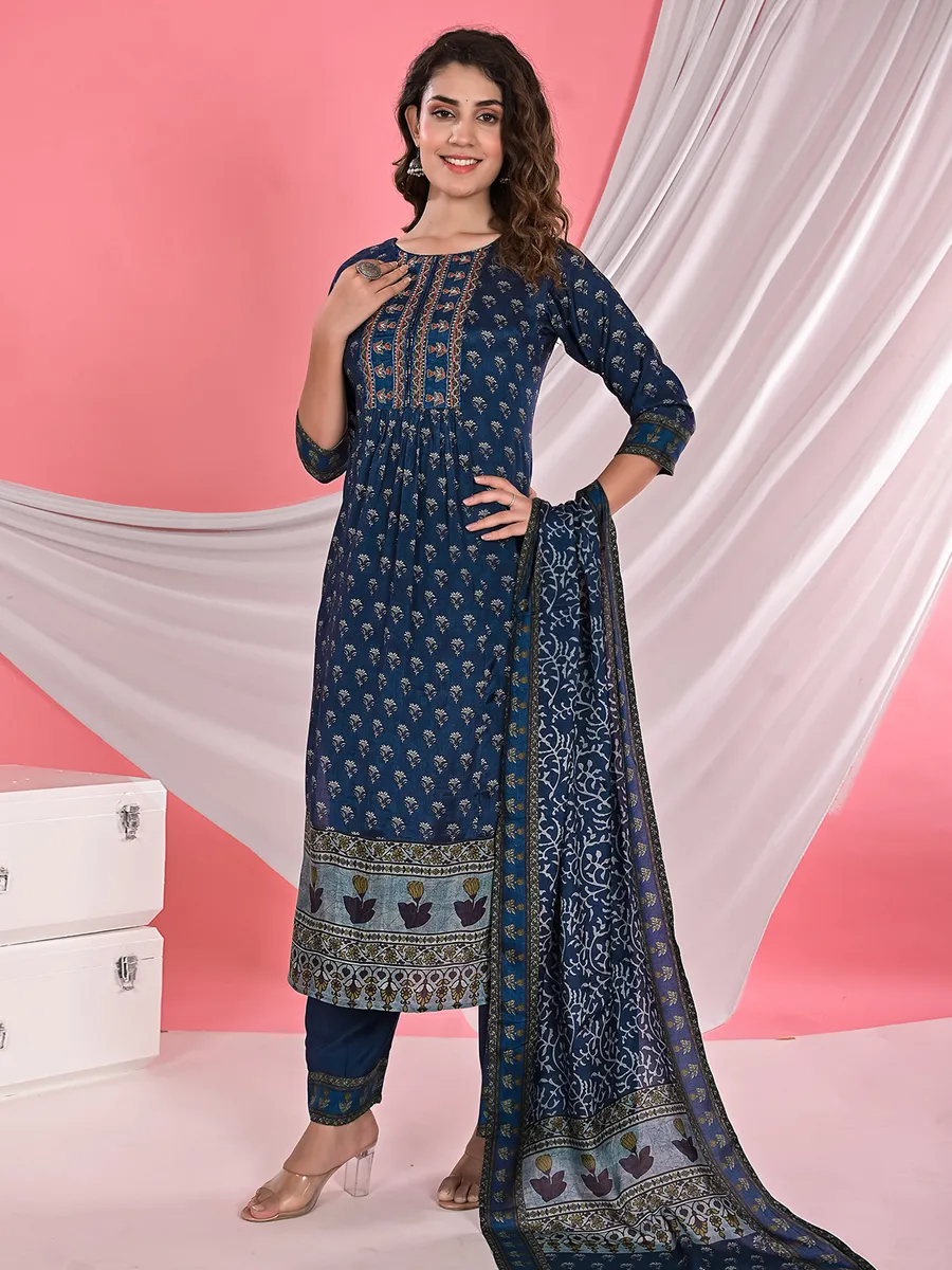 Silk printed casual kurti set in navy